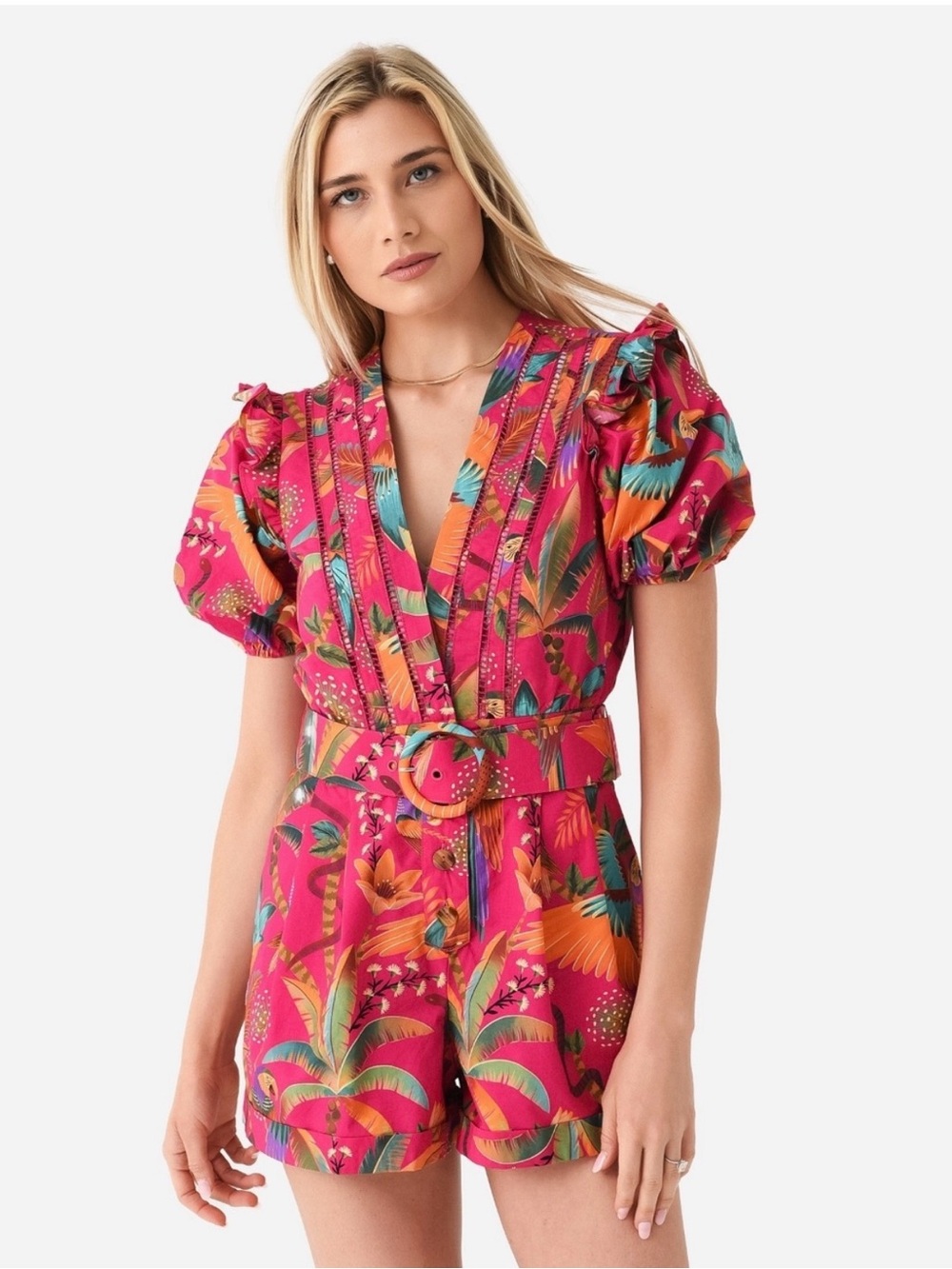 Farm Rio Macaw Party Pink Romper Sleeved Jumpsuit. Size XL
